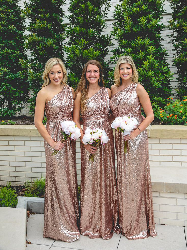 Luxury One-Shoulder Sparkly Sequined Rose Gold Bridesmaid dress OB136