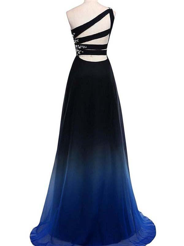 One Shoulder Cut Out Back Beading Blue Ombre Prom Dress, Long Formal Dress, OP121
