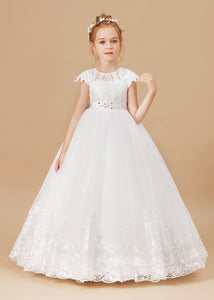 Ivory  Lace Satin Princess DressFlower Girl dress With Bowknot