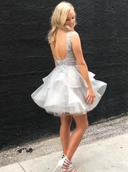 A-Line V-Neck Silver Appliques Layers Tulle Short/Mini Backless Party Dress OC128