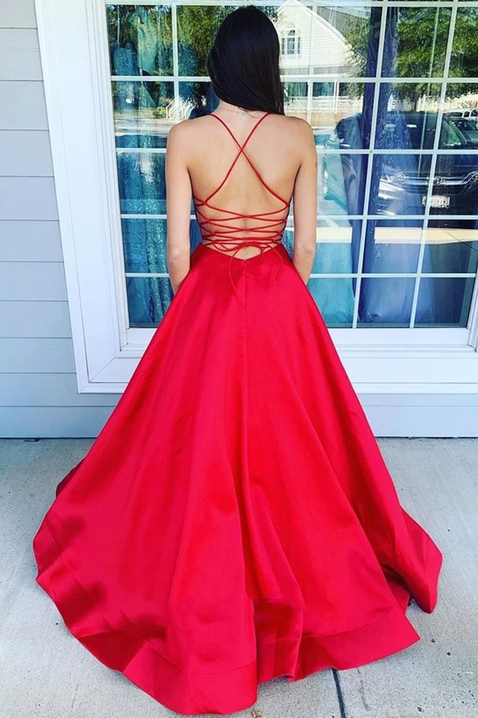 A Line V Neck Red Backless Prom Dresses with Pockets Formal Evening Dresses
