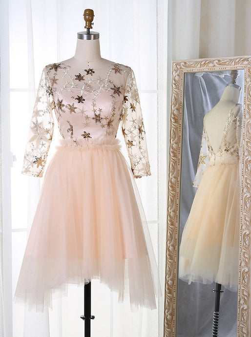 A-Line Bateau 3/4 Sleeves Stars Embroideried Tulle Homecoming Dress OM302