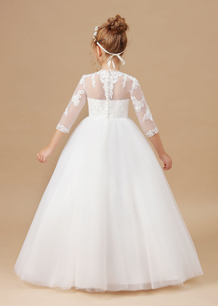 Tulle Satin White Lace Princess Flower Girl Dress