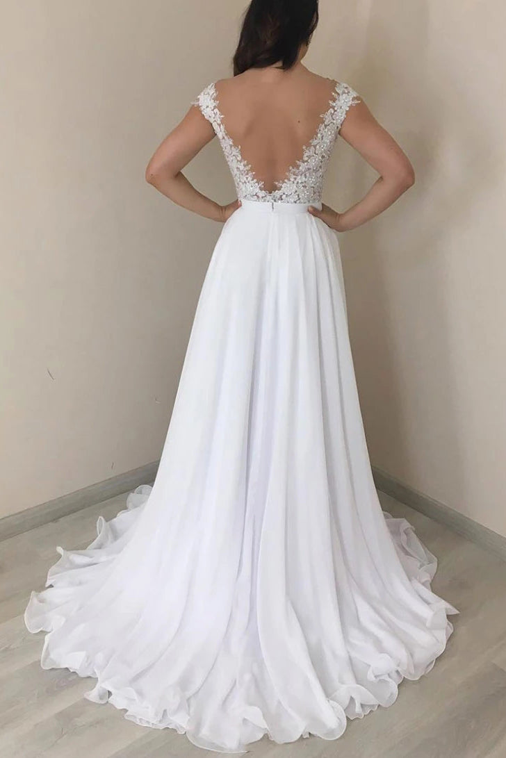 A-line Chiffon Wedding Dresses With Appliques, Backless Beach Bridal Gown OW613