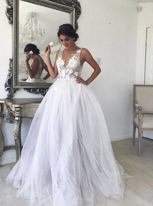 Boho A-line V-neck Tulle Wedding Dresses, Beach Bridal Gown With Appliques OW612