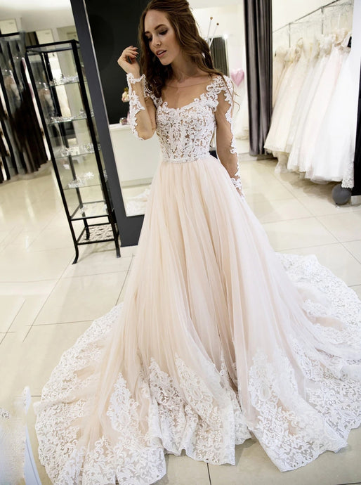 Sheer Round Neckline Tulle Lace Appliques Long Sleeves Wedding Dresses OW616