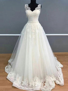 A Line V Neck Ivory Tulle Long Wedding Dresses with Appliques OW619