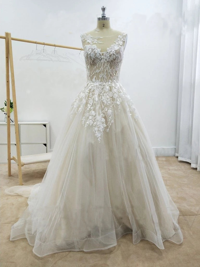 Tulle A Line Round Neckline Floral Appliques Beach Wedding Bridal Dresses OW560