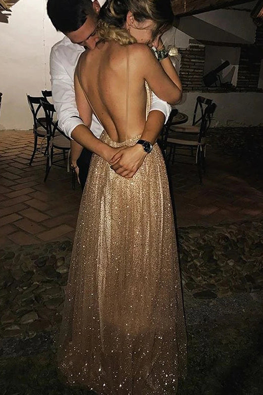 Sparkly Plunge V-neck Sequins Long Prom Dress Backless Evening Dress OP901