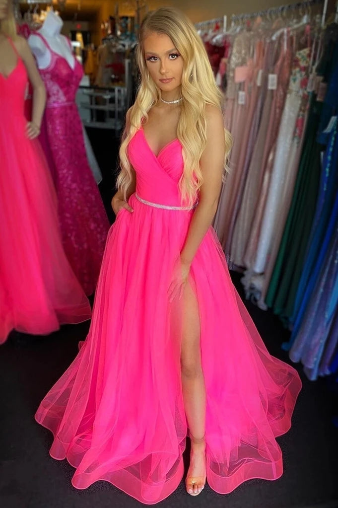 Fuchsia Backless Long Prom Dresses With Split Tulle Graduation Gown PO364