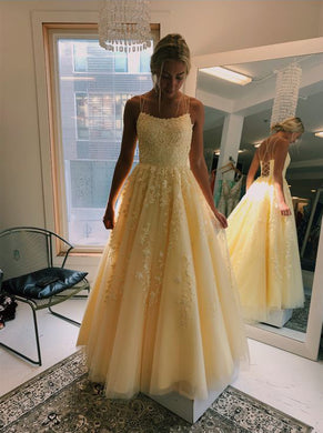 Daffodil Straps A-Line Tulle Long Prom Dresses With Appliques