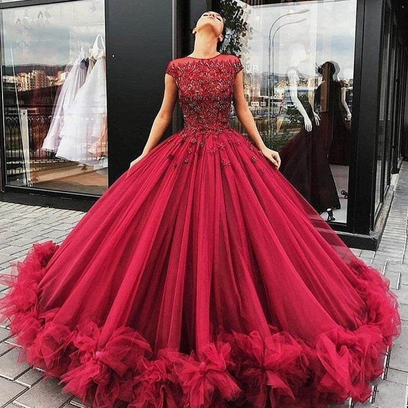 Burgundy Tulle Prom Dress Ball Gown Beaded Long Formal Evening Gown PO256
