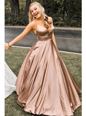 Spaghetti Straps A-line Long Prom Dresses V-neck Simple Evening Gowns PO155
