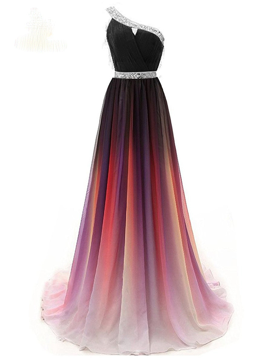 One Shoulder Chiffon Ombre Prom Dresses Beaded Gradient Formal Party Gowns PO120