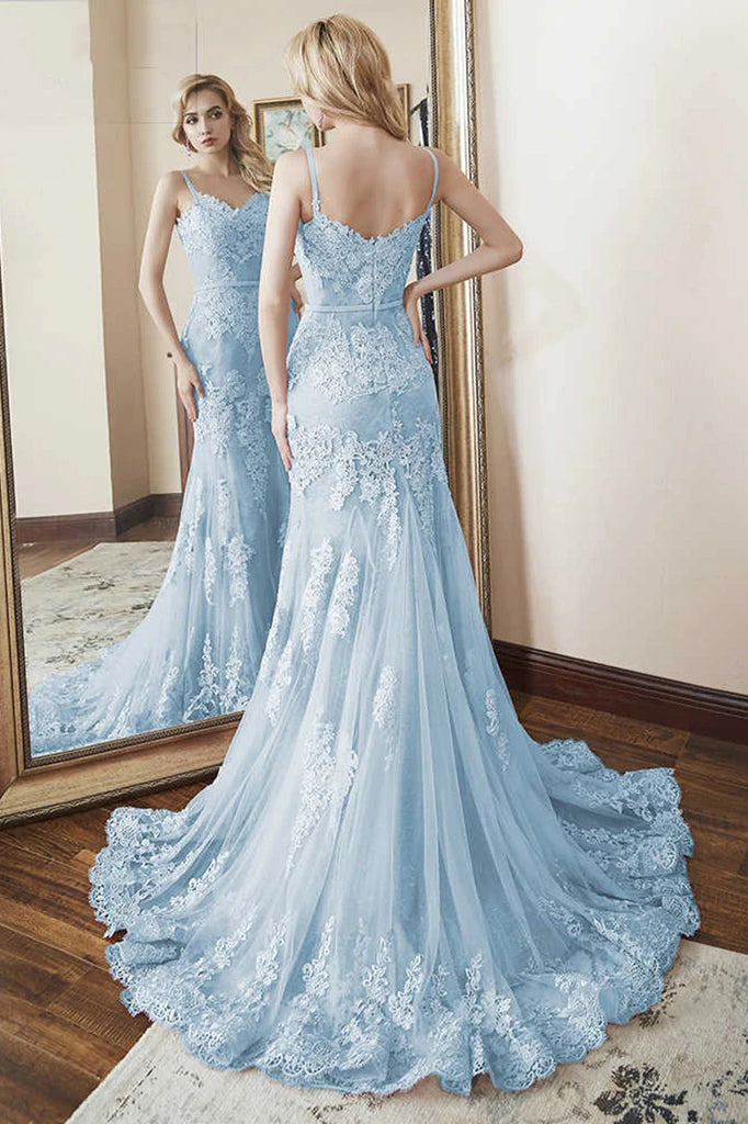 Spaghetti Mermaid Lace Prom Dresses, Sky Blue Lace Formal Evening Dresses PO413