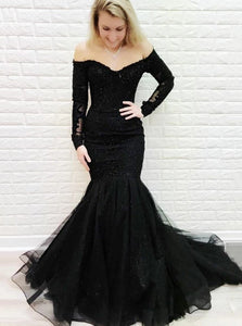 Mermaid Off-the-shoulder Lace Long Sleeves Black Prom Evening Dresses PO189