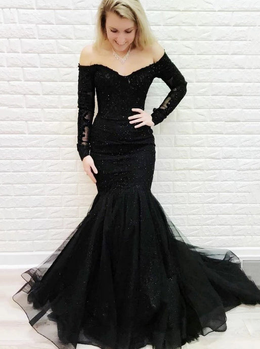 Mermaid Off-the-shoulder Lace Long Sleeves Black Prom Evening Dresses PO189