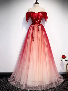 Princess Off-Shoulder Tulle Red Long Prom Dresses Lace Up Party Gown PO178