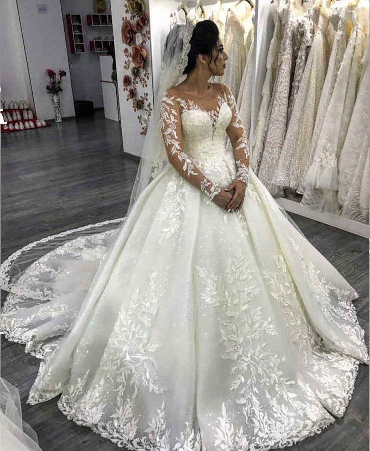 Luxury Ball Gown Long Sleeves Lace Wedding Dresses With Beaded Appliques