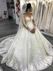 Luxury Ball Gown Long Sleeves Lace Wedding Dresses With Beaded Appliques