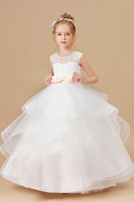 Ruffled Satin Ivory Multi-layered Tulle Flower Girl Dress With Champagne Bow
