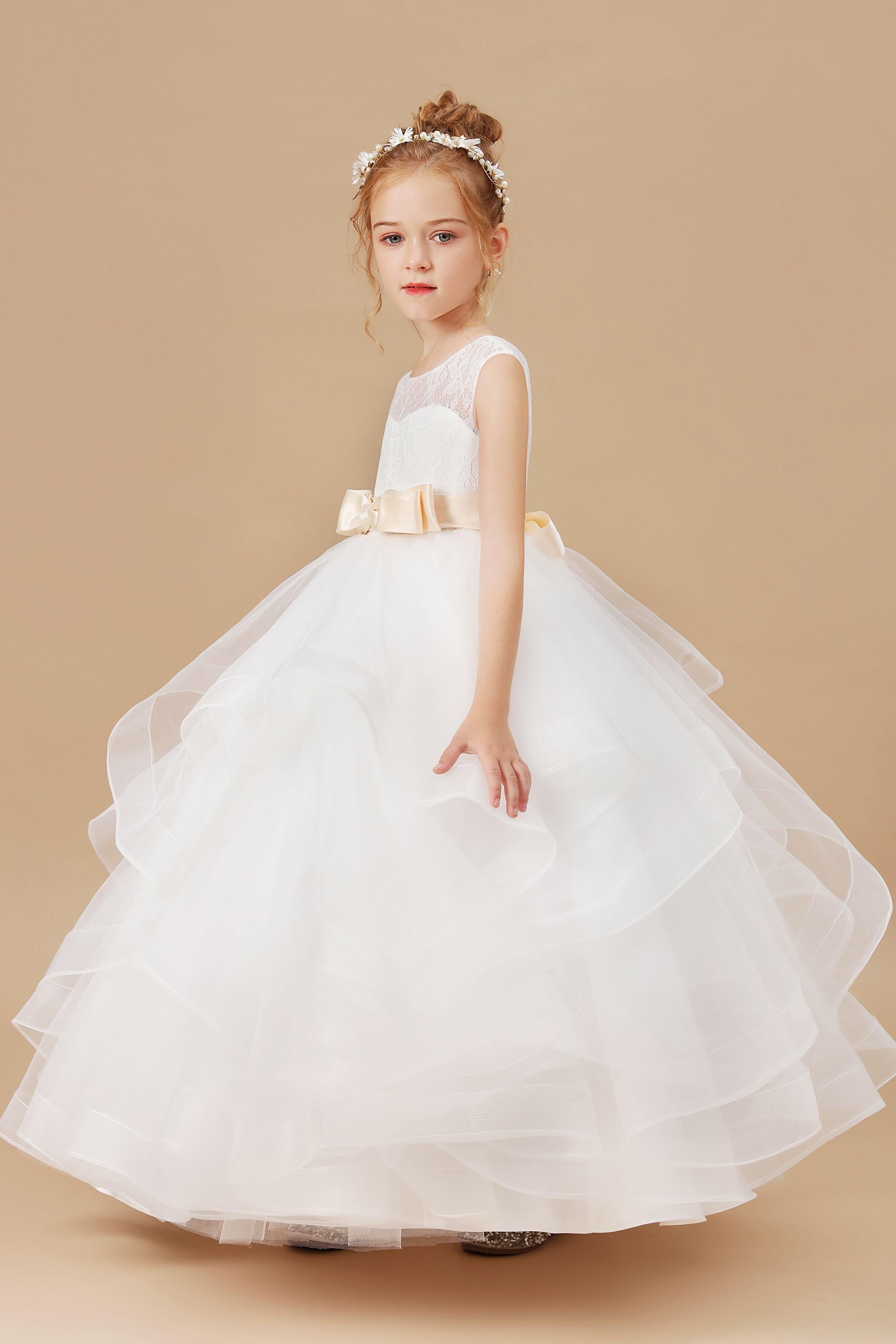 Ruffled Satin Ivory Multi-layered Tulle Flower Girl Dress With Champagne Bow