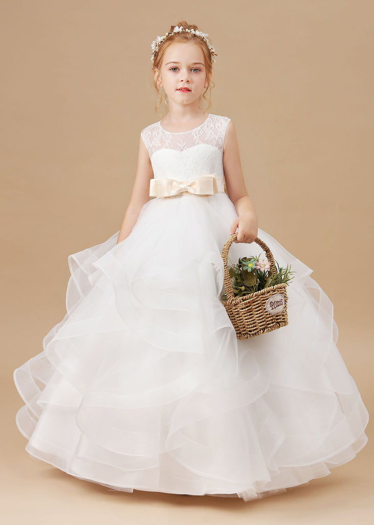 Ruffled Satin Ivory Multi-layered Tulle Flower Girl Dress With Champagne Bow