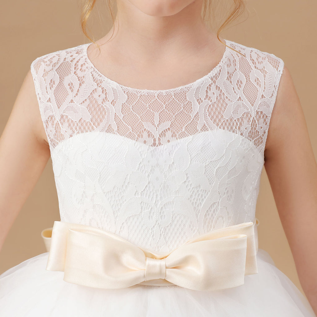 Ruffled Satin Ivory Multi-layered Tulle Flower Girl Dress With Champagne Bow