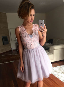 A-Line V-Neck Lavender Tulle Short/Mini Prom Dress With Pink Lace OC111