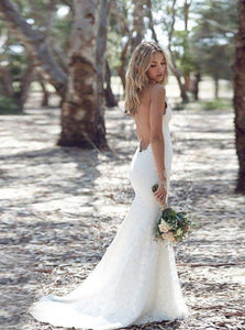 Backless Lace Wedding Dresses V Neck Spaghetti Mermaid Wedding Dress OW671