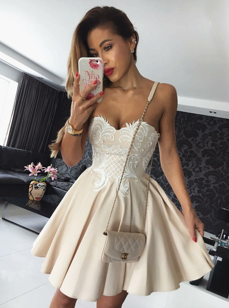 Beige A-Line Sweetheart Short Satin Prom Dress With Appliques OC114