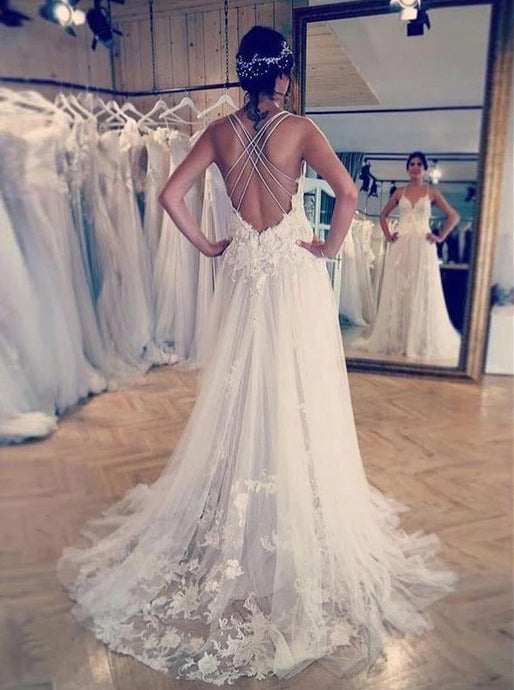 A Line Spaghetti Straps Lace Appliques Backless Wedding Dresses OW646