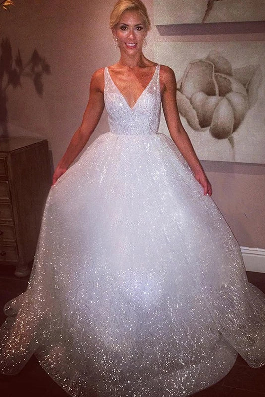 Sparkly Wedding Dress Sequins V Neck Backless Bridal Gown OW470
