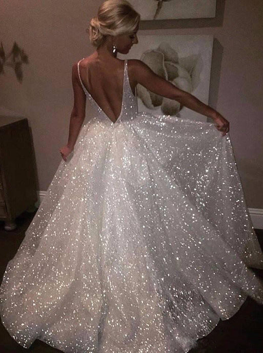 Sparkly Wedding Dress Sequins V Neck Backless Bridal Gown OW470