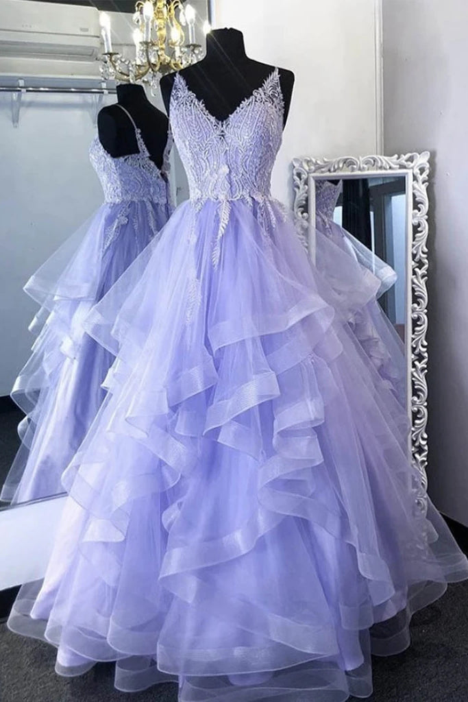 Princess Lilac Tulle Long Prom Gown Lace Appliques Formal Dress PO375