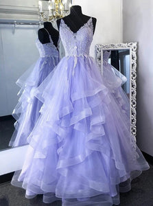 Princess Lilac Tulle Long Prom Gown Lace Appliques Formal Dress PO375
