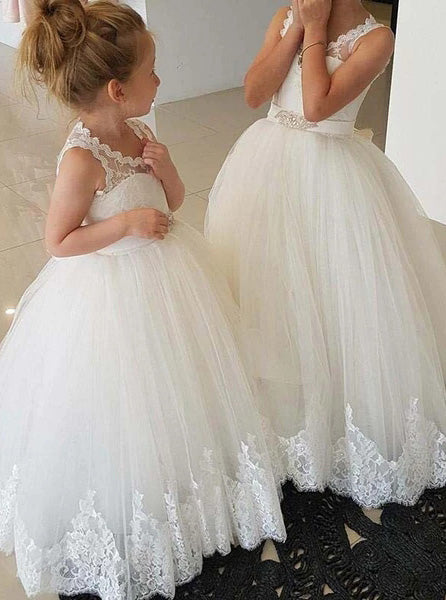 Princess Ivory Scoop Neckline Open Back Flower Girl Dresses With Lace OF142