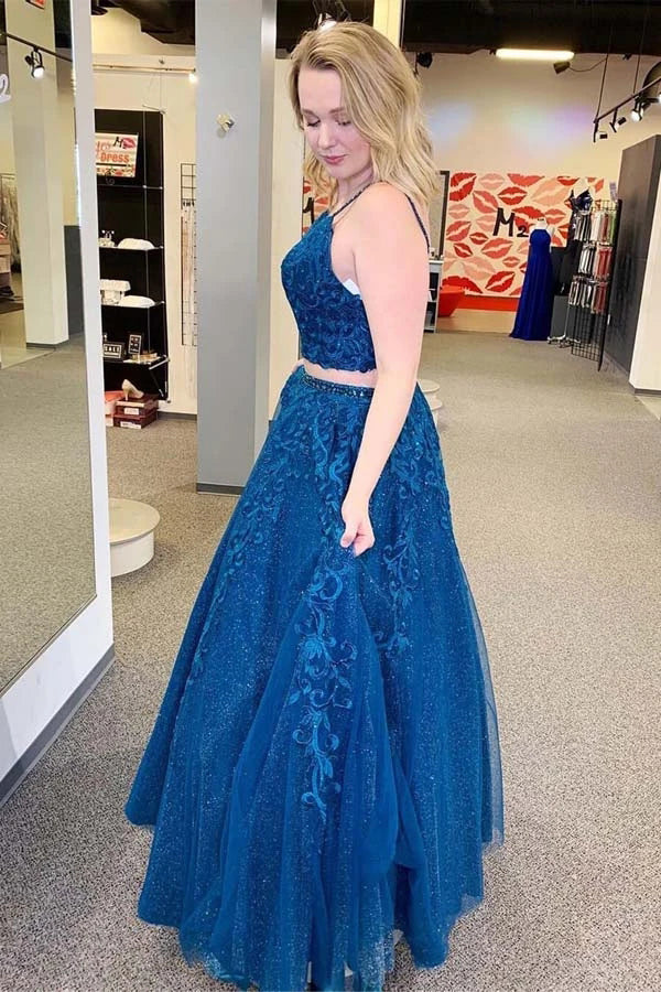 Sparkle Tulle Appliques Two Piece Royal Blue Prom Formal Dresses PO309
