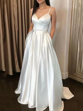 Simple Satin A-line Ivory Spaghetti Straps Long Prom Dresses With Pockets PO171