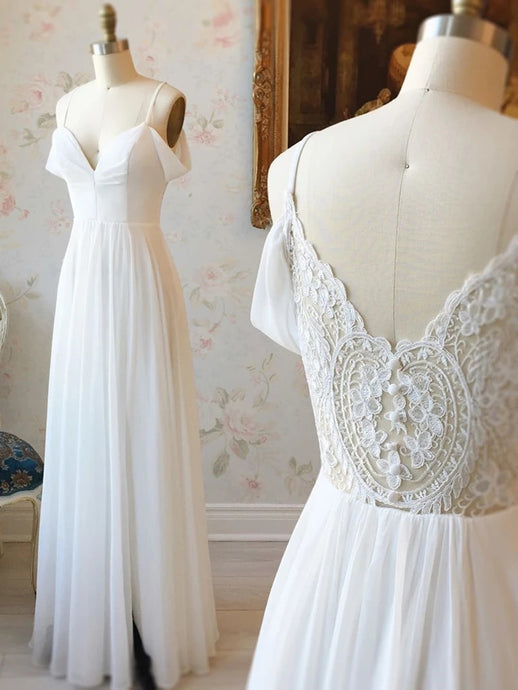 Off Shoulder Lace Back Long Prom Dresses, Chiffon Simple Wedding Evening Dresses PO399