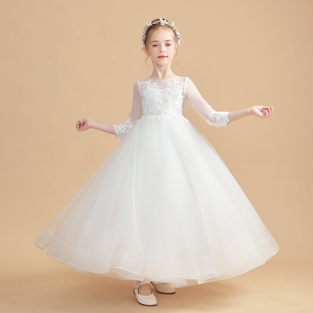 Long Sleeves Elegant Ivory Tulle Flower Girl Dresses With Lace