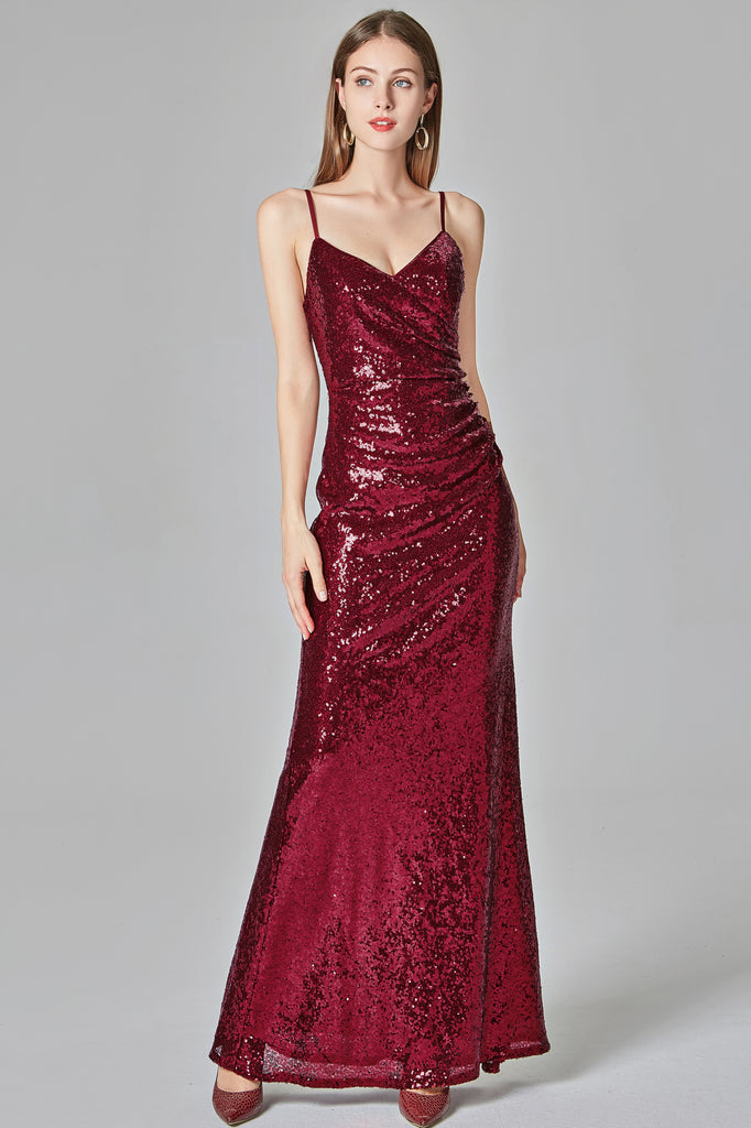 Sexy Burgundy Prom Dresses V-neck Sequined Mermaid Evening Party Dresses E90811