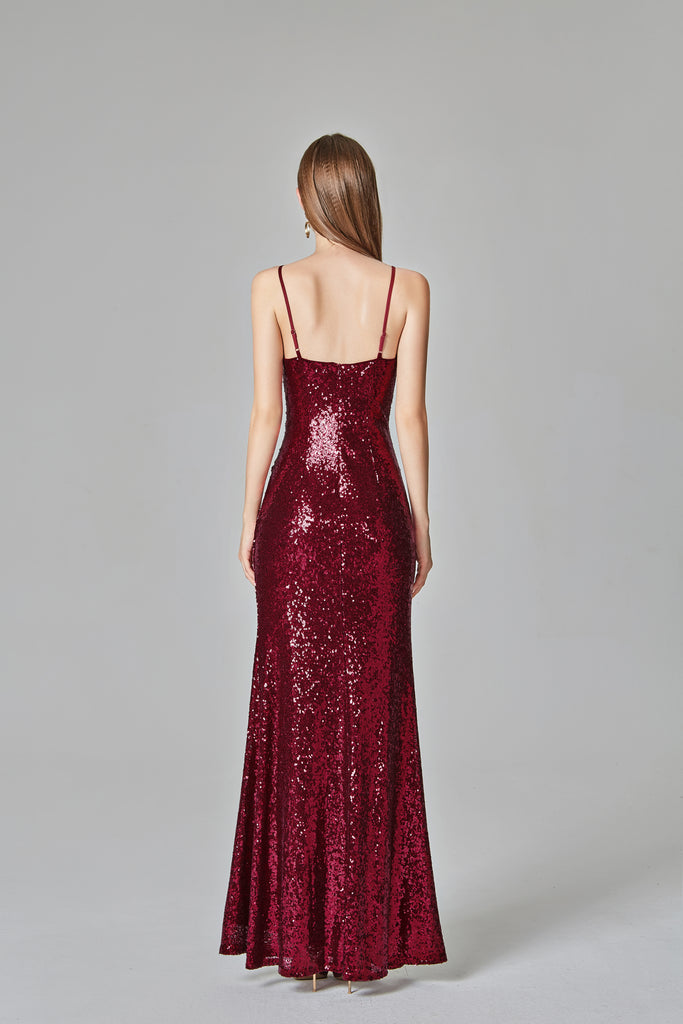 Sexy Burgundy Prom Dresses V-neck Sequined Mermaid Evening Party Dresses E90811