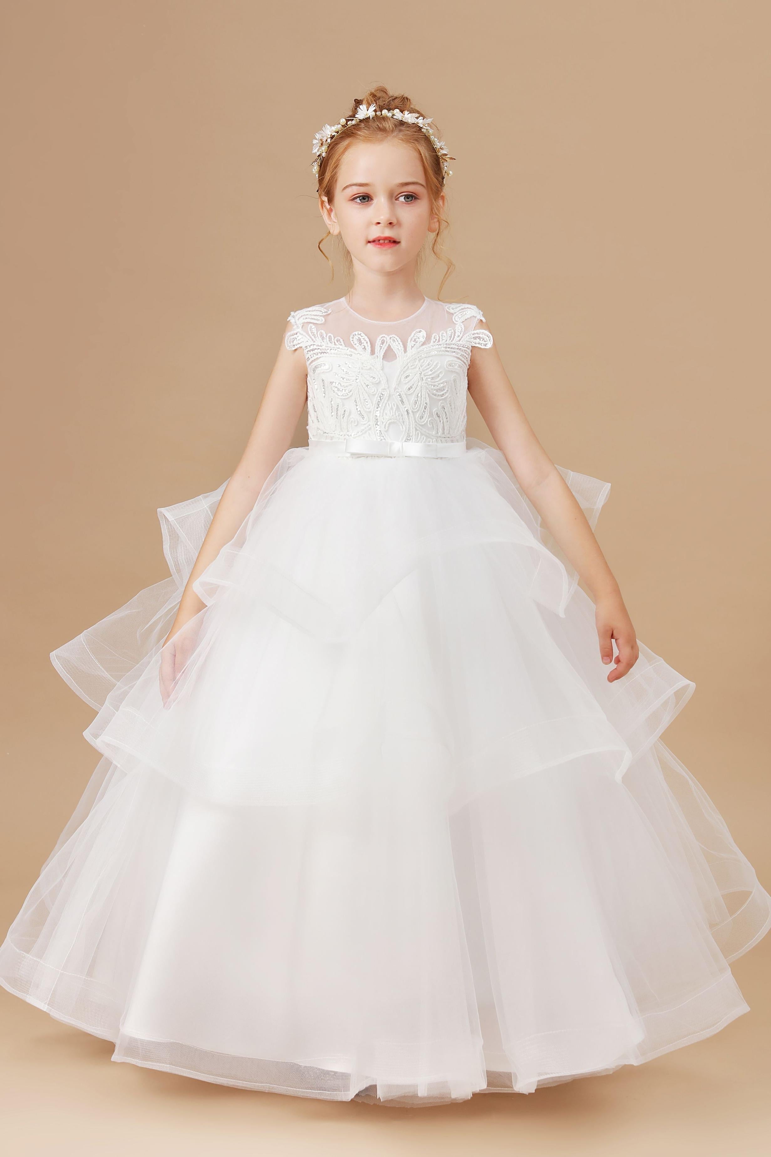 Ivory Tulle Multi-layered Ruffled Flower Girl Dress With Bow