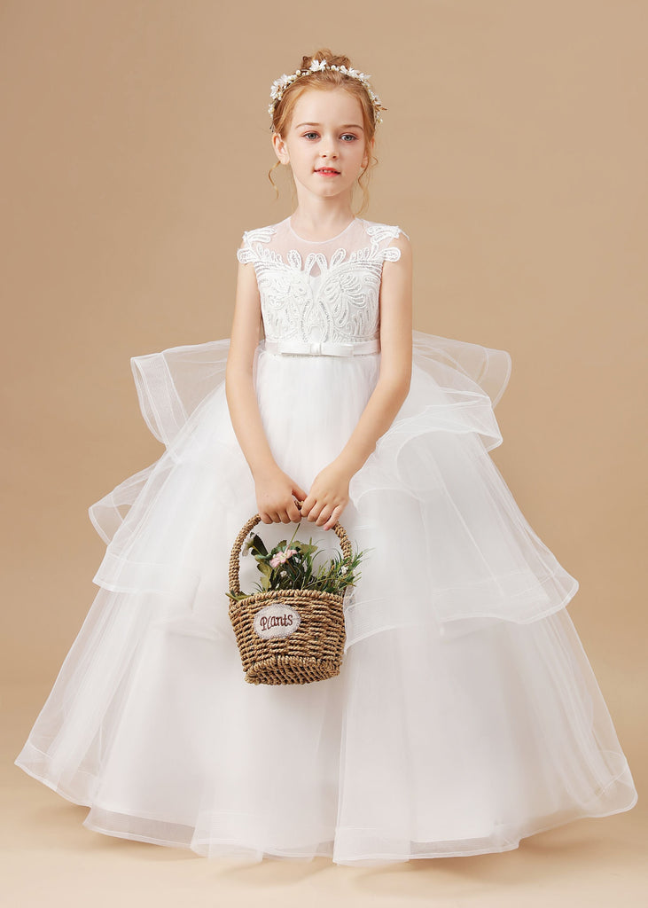 Ivory Tulle Multi-layered Ruffled Flower Girl Dress With Bow