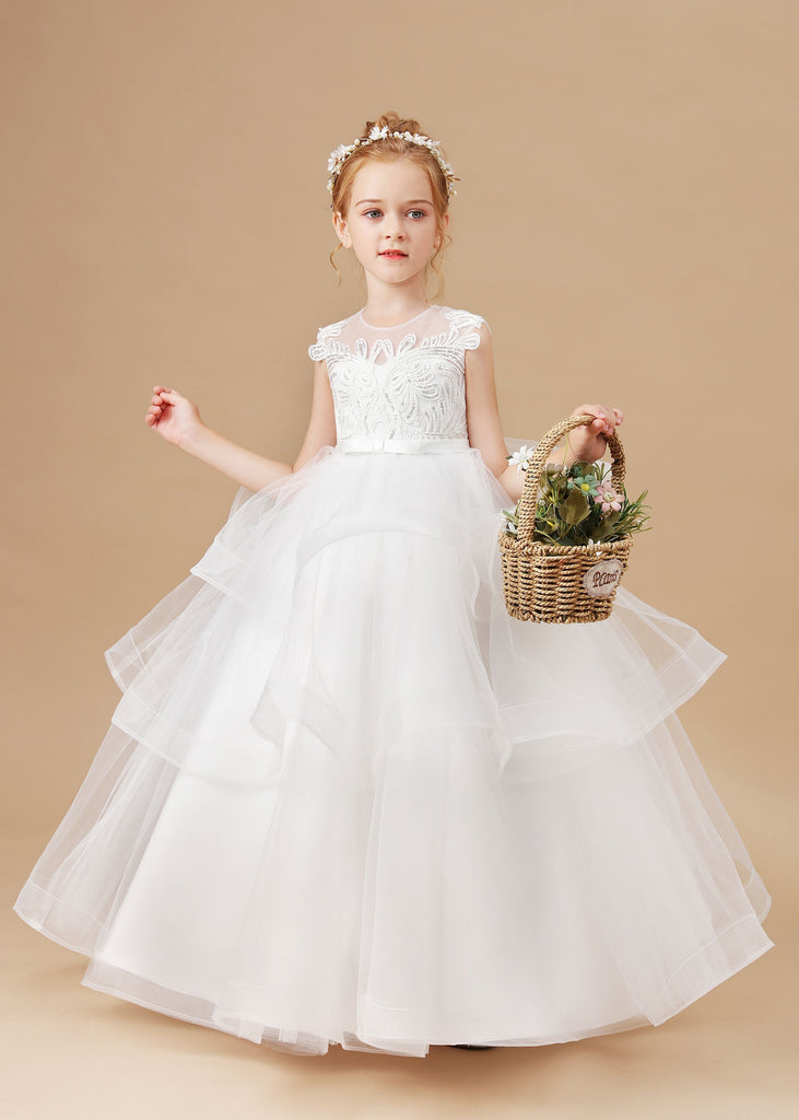 Ivory Tulle Multi-layered Ruffled Flower Girl Dress With Bow