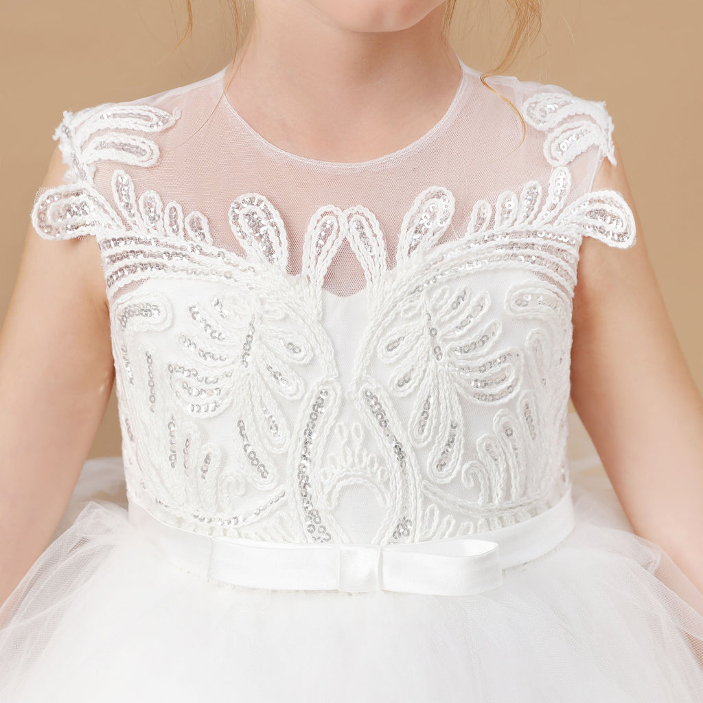 Ivory Tulle Multi-layered Ruffled Flower Girl Dress With Bow