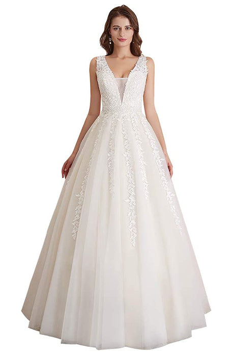 Elegant A Line Tulle Sleeveless Wedding Dress Lace Appliques Prom Gown W715