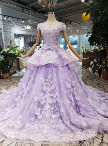 Princess Lilac Beaded Quinceanera Gown 3D Floral Appliques Ball Gown OP722