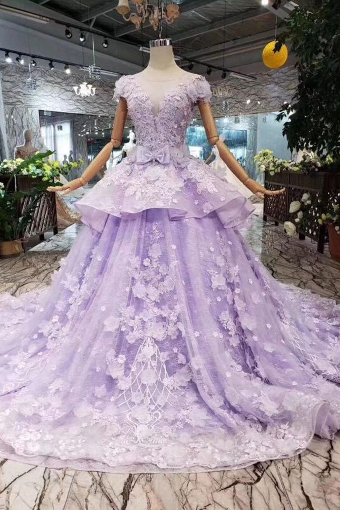 Princess Lilac Beaded Quinceanera Gown 3D Floral Appliques Ball Gown OP722